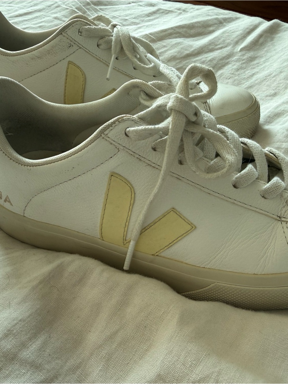 Veja Campos White Leather Sneakers with Pale Yellow and Orange Accents